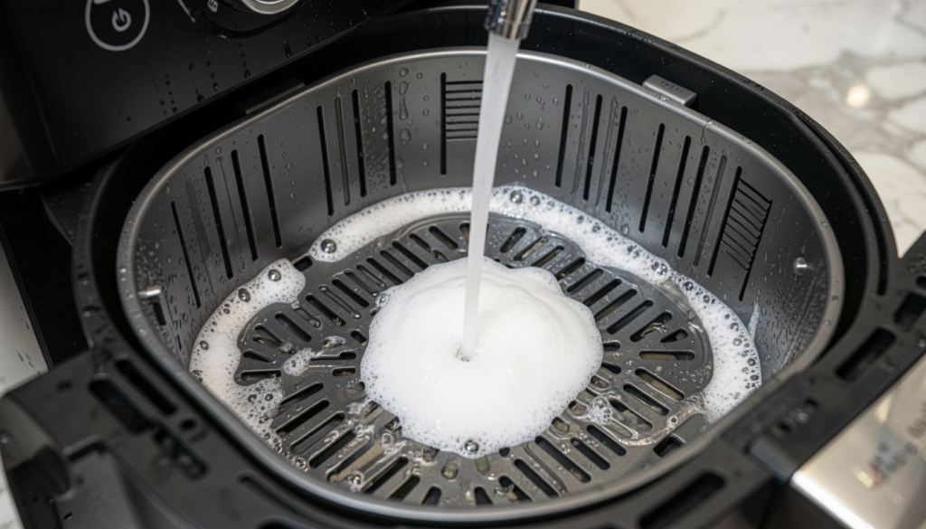 cleaning a smart air fryer basket with soap and water